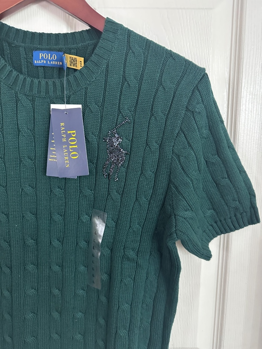 NWT Polo Ralph Lauren Retired Beaded Big Pony Cable Knit Short Sleeve Sweater L